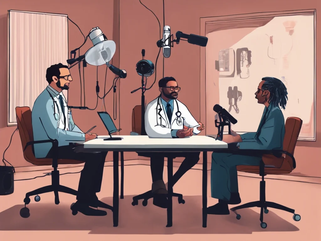 Ilustração sobre médicos psiquiatras conduzindo um podcast.